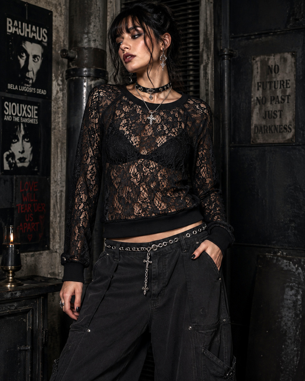 Ann Taylor LOFT Black Lace Mesh Sheer Sweatshirt Sz M Long Sleeve Whimsigoth